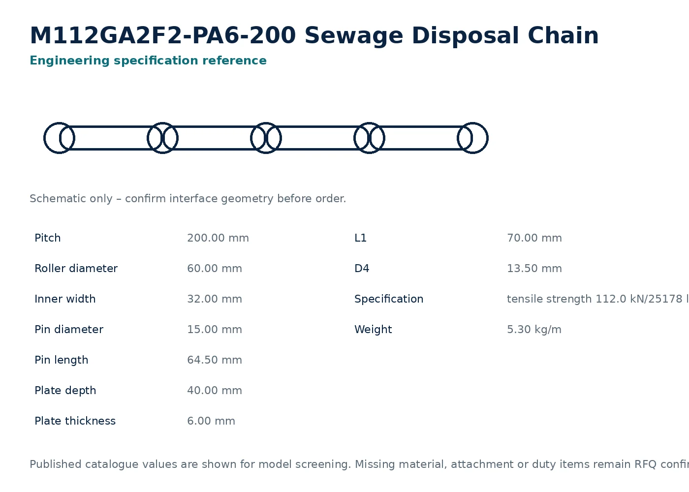 M112GA2F2-PA6-200 Sewage Disposal Chain dimensional interface drawing