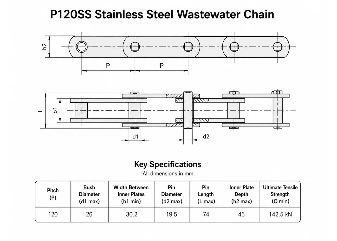 P120SS Stainless Steel Environmental Wastewater Chain dimensional interface drawing